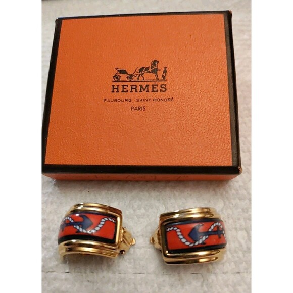 Hermes Nautical Clip On Earrings Gold Plated Cloisonne & Enamel Vintage